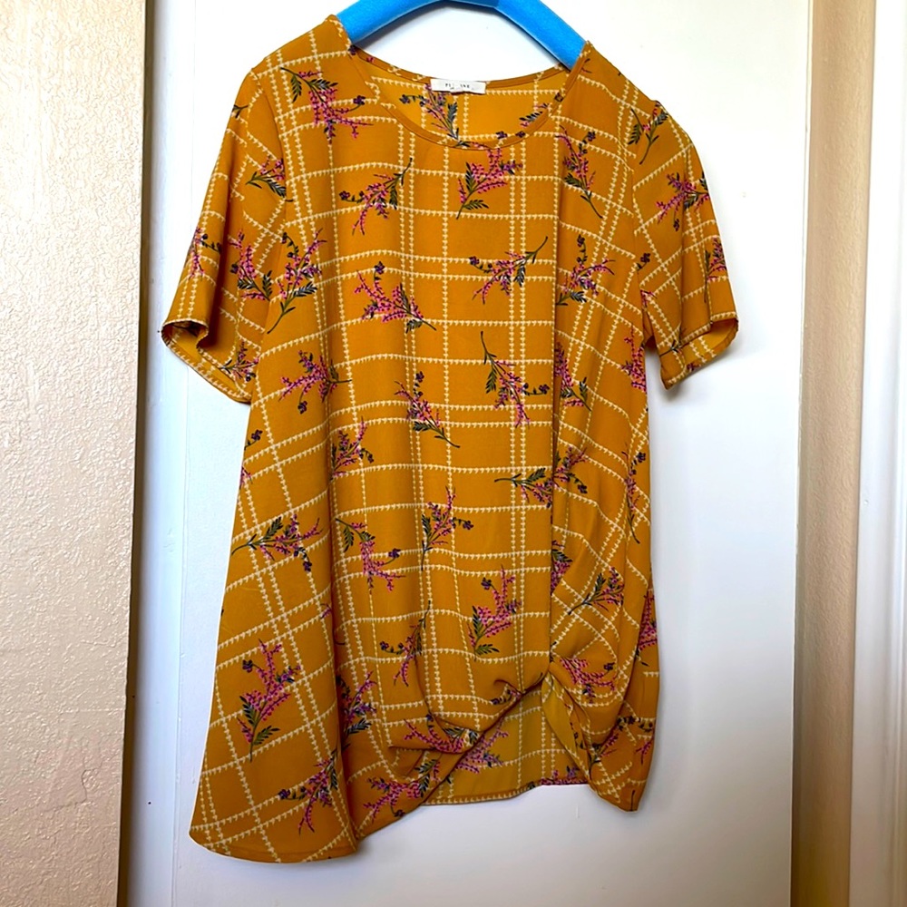 PLEIONE floral soft flowy blouse with lift on bottom right. Mustard yellow. S